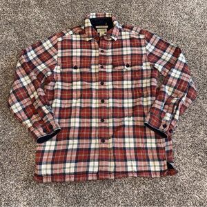 LL Bean Fleece Lined Flannel Shacket Button Up Men's Small Red White Plaid Heavy
